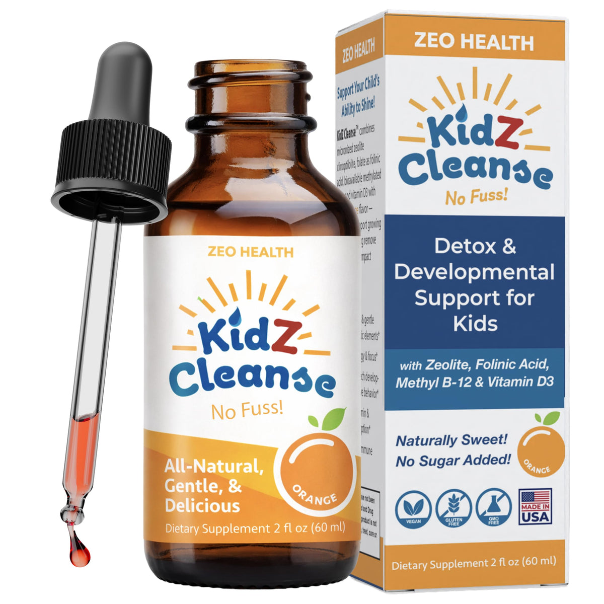 Zeo Health frasco frontal de gotas naranjas para niños, presentación segura y atractiva