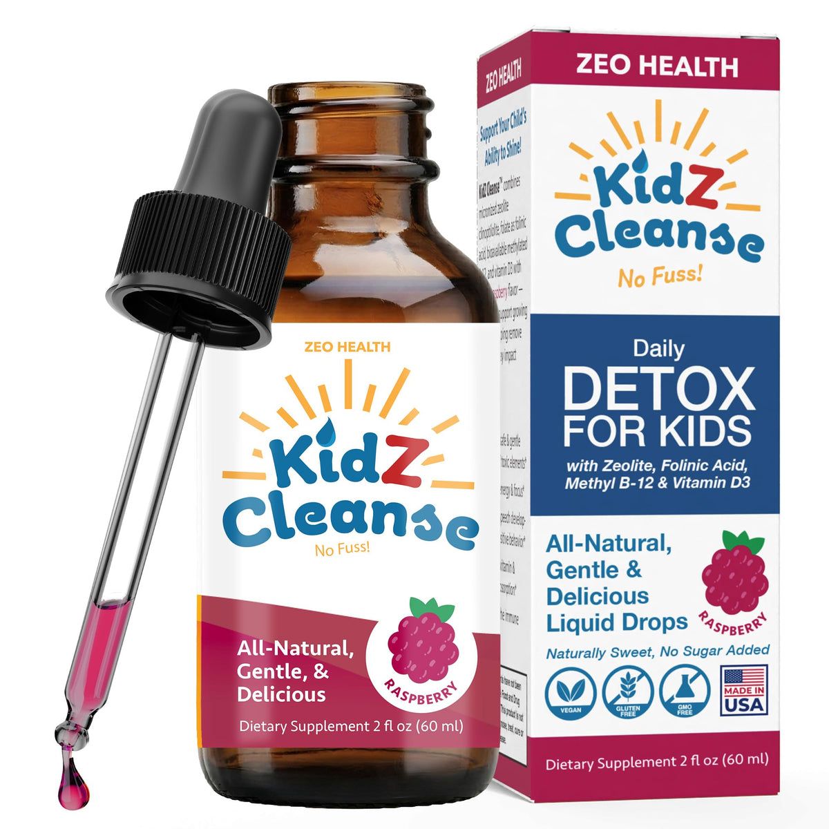 Zeo Health botella frontal KidZ Cleanse sabor frambuesa, visibilidad del envase