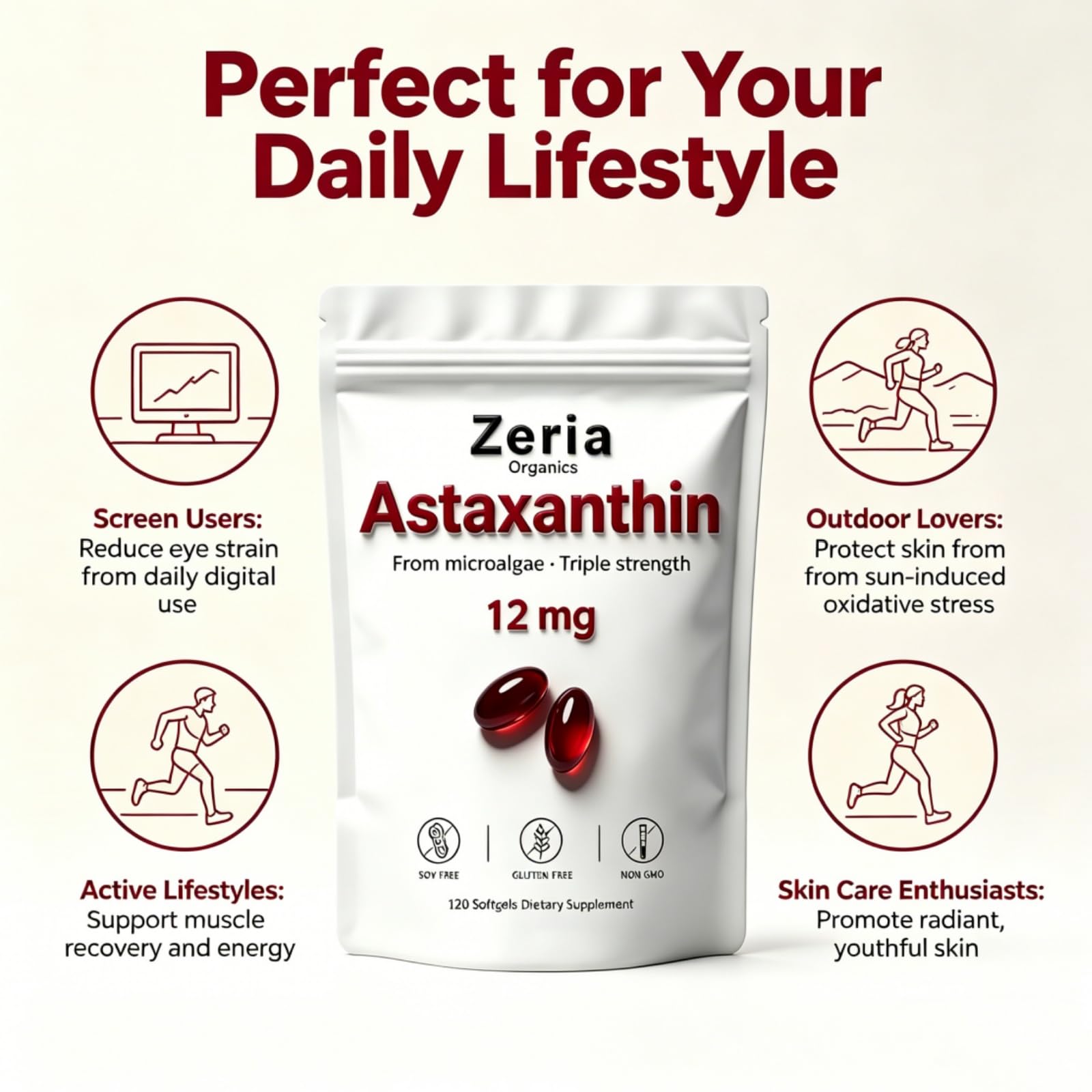 Zeria Organics etiqueta nutricional visible con información de 12 mg por dosis