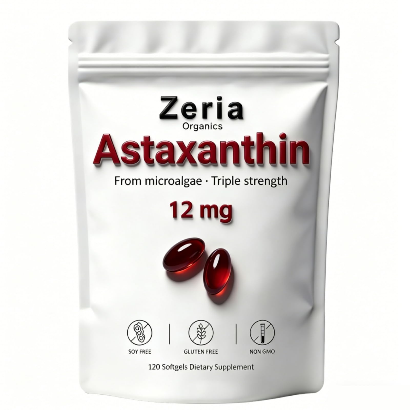 Zeria Organics frasco delantero mostrando 120 softgels y claridad del producto