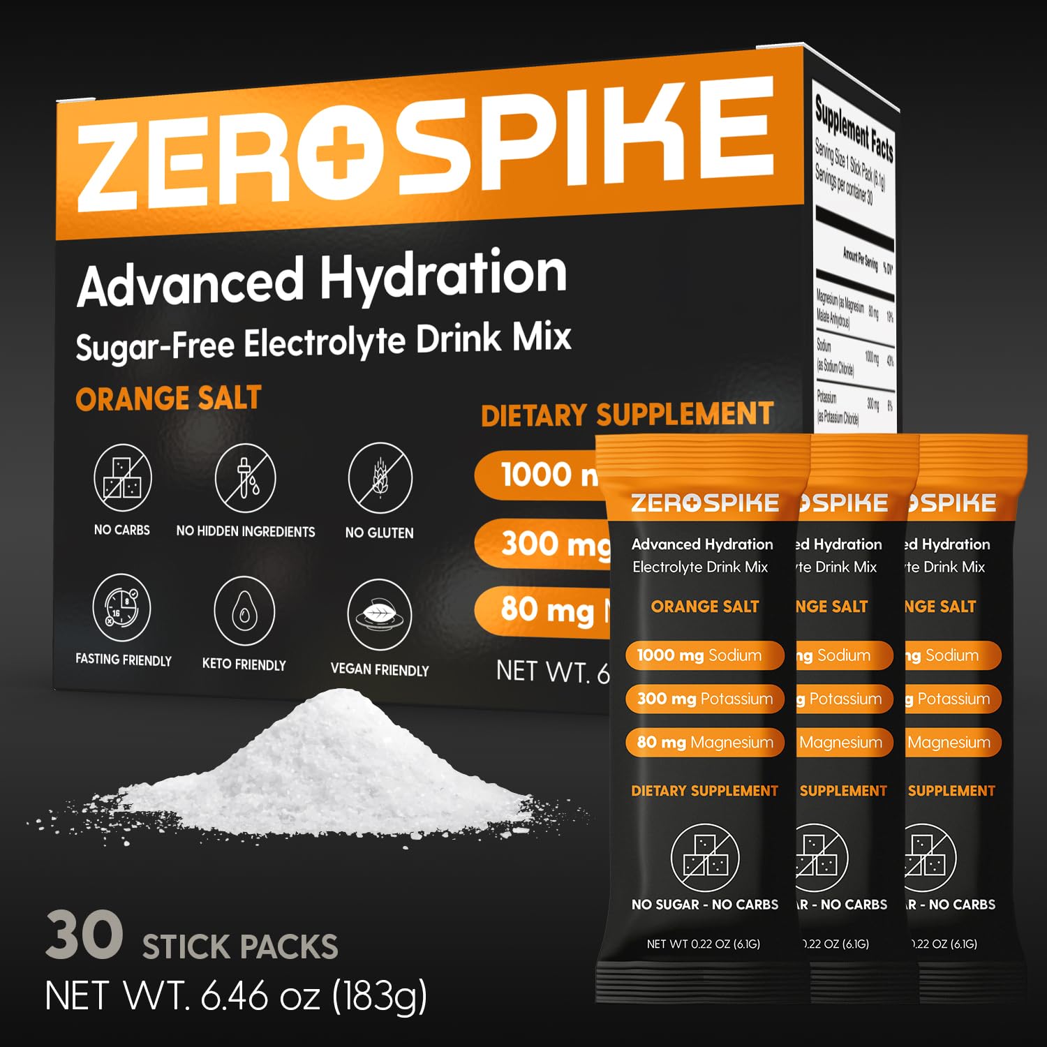 Zerospike polvo naranja textura cercana que evidencia solubilidad rápida