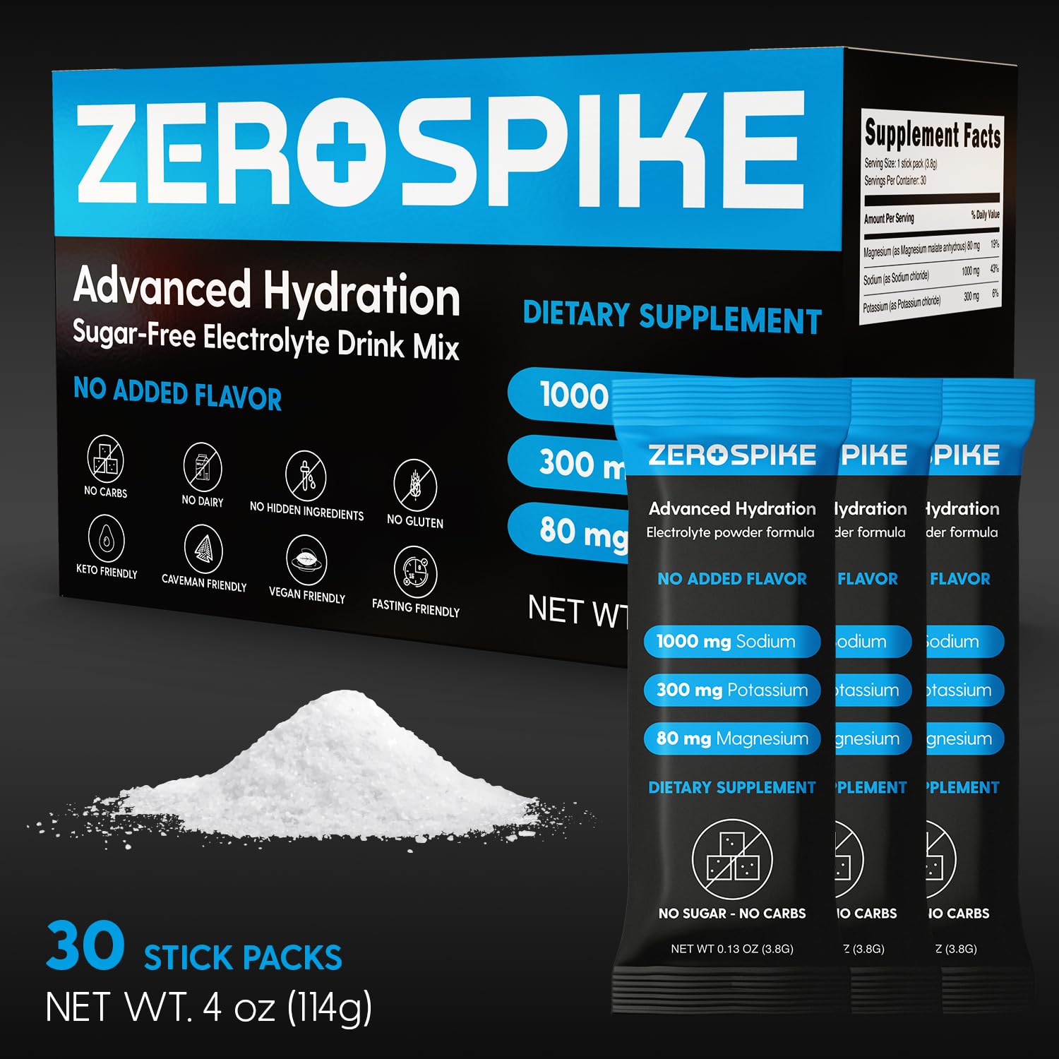 Zerospike detalle del polvo fino y sin sabor, mezcla fácil