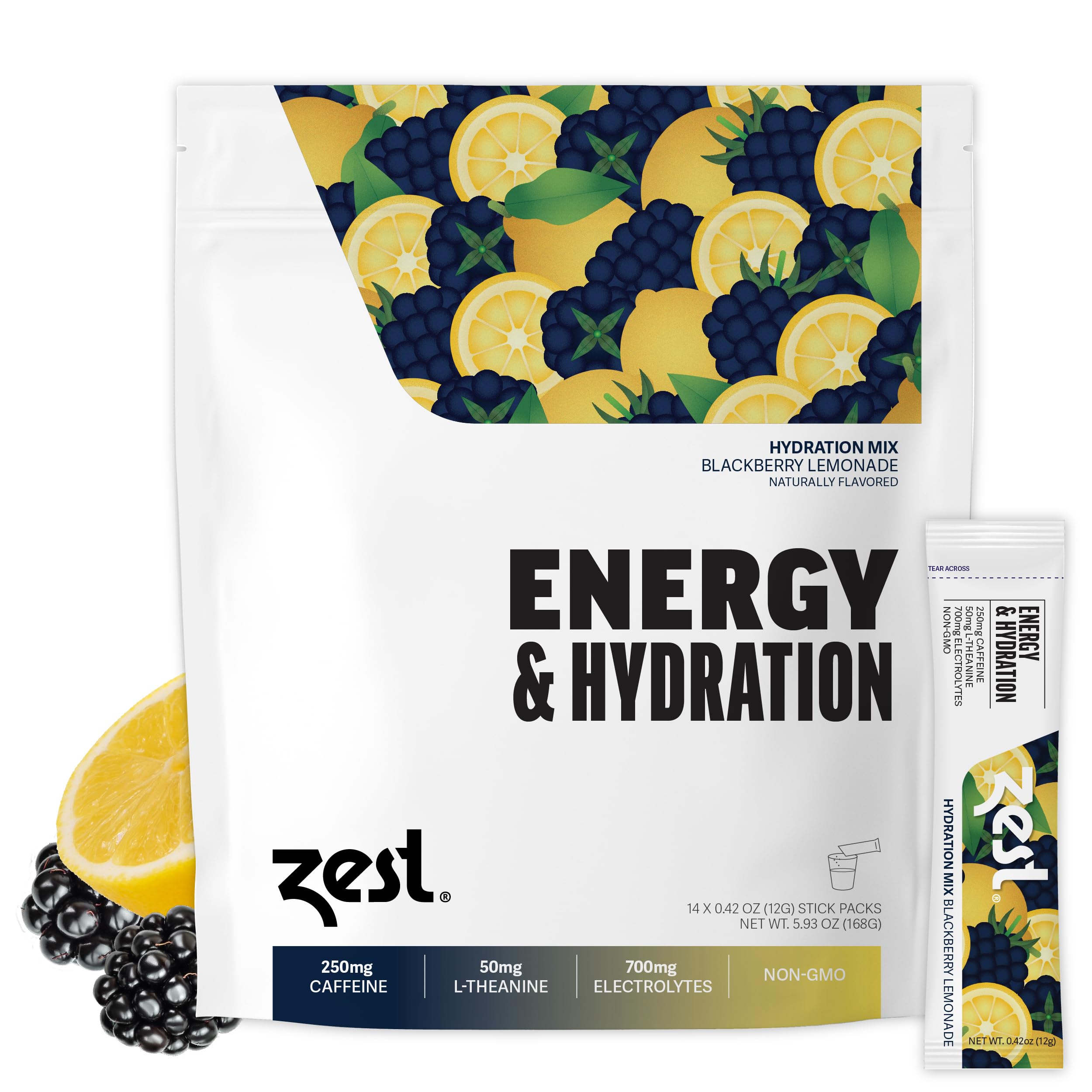 ZEST frente del empaquetado mostrando 14 sobres y sabor BlackBerry Lemonade