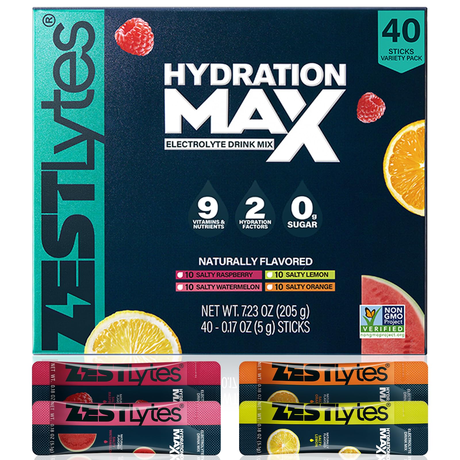 ZestLytes frente del empaque mostrando 40 sobres y sabores, hidratación rápida