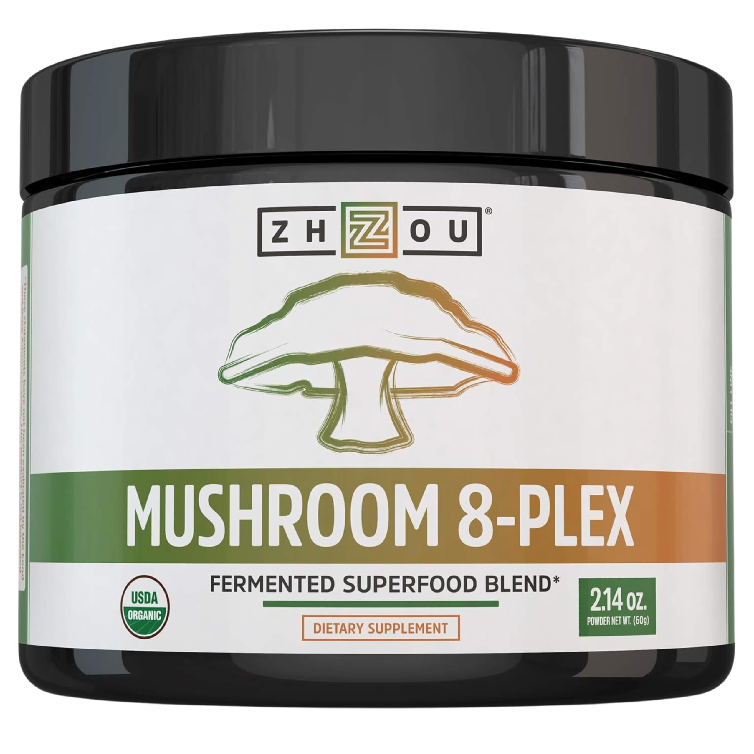 Envase ZHOU Mushroom 8-Plex al frente mostrando etiqueta y tamaño, conveniente para viajeros