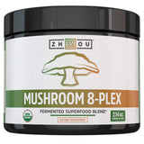 Envase ZHOU Mushroom 8-Plex al frente mostrando etiqueta y tamaño, conveniente para viajeros