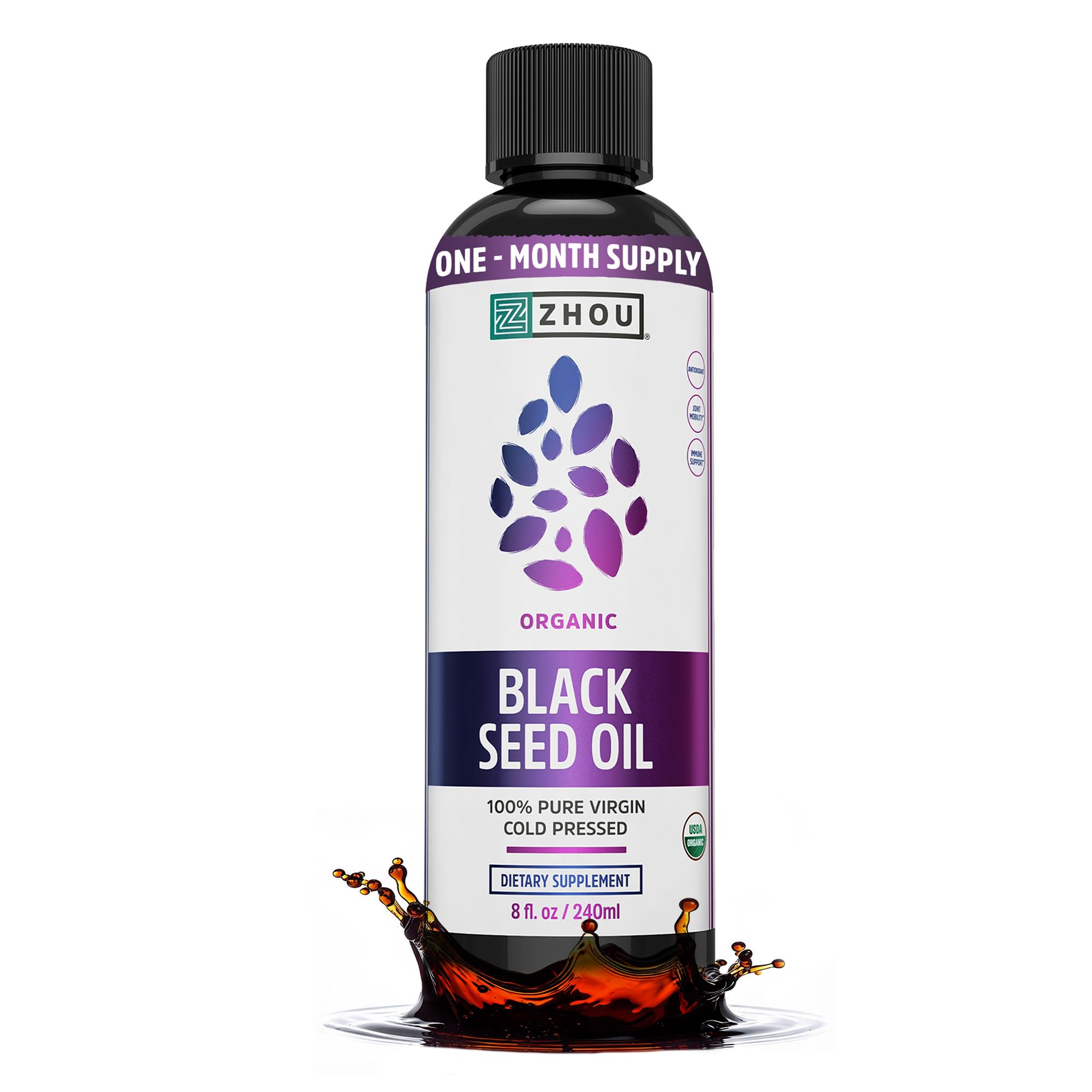 ZHOU botella frontal de aceite de comino negro mostrando etiqueta y pureza