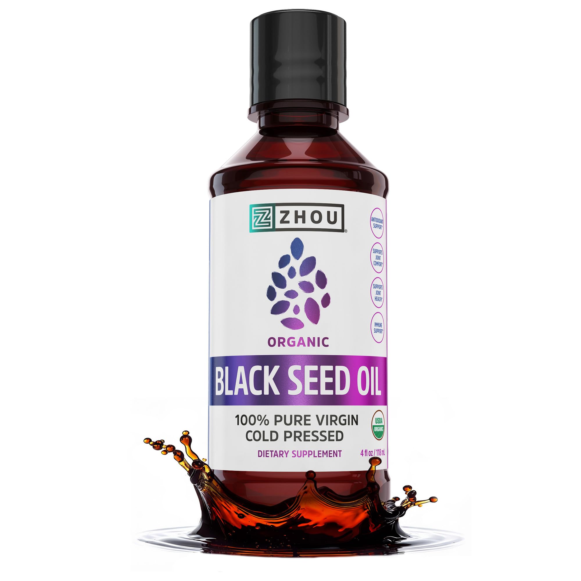 ZHOU frasco frontal mostrando aceite negro orgánico y etiqueta clara
