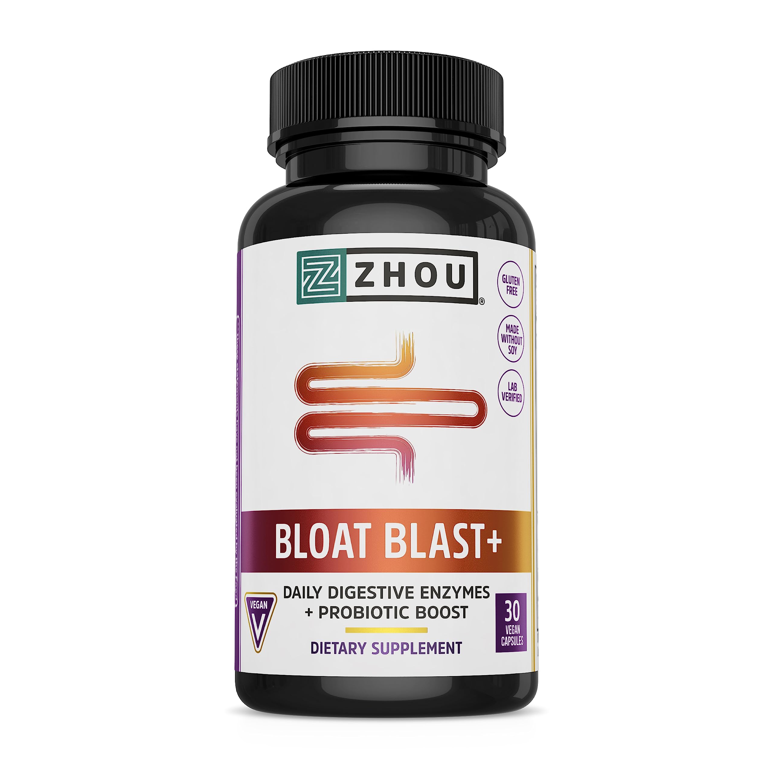 ZHOU envase frontal de Bloat Blast+ mostrando etiqueta y beneficios