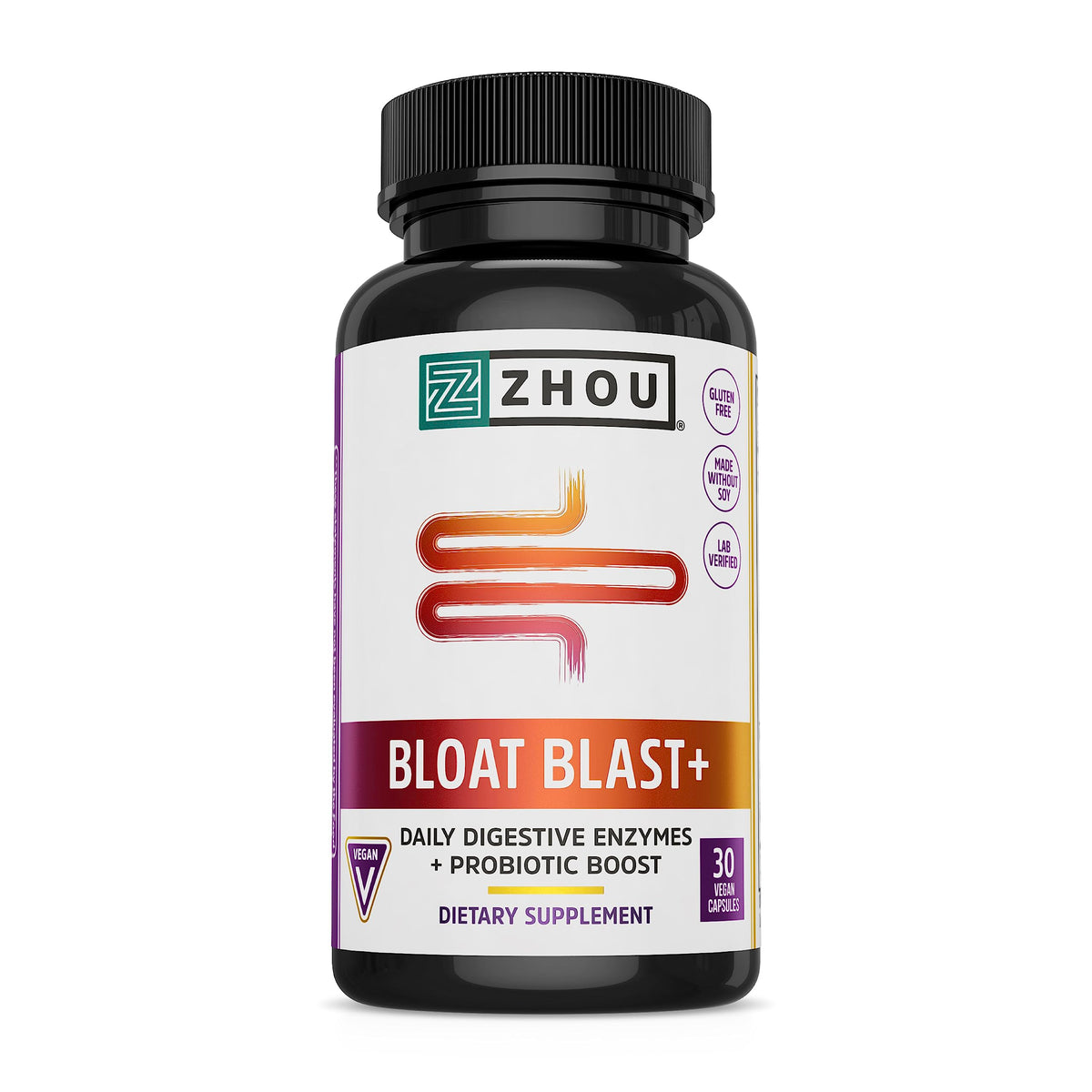 ZHOU envase frontal de Bloat Blast+ mostrando etiqueta y beneficios