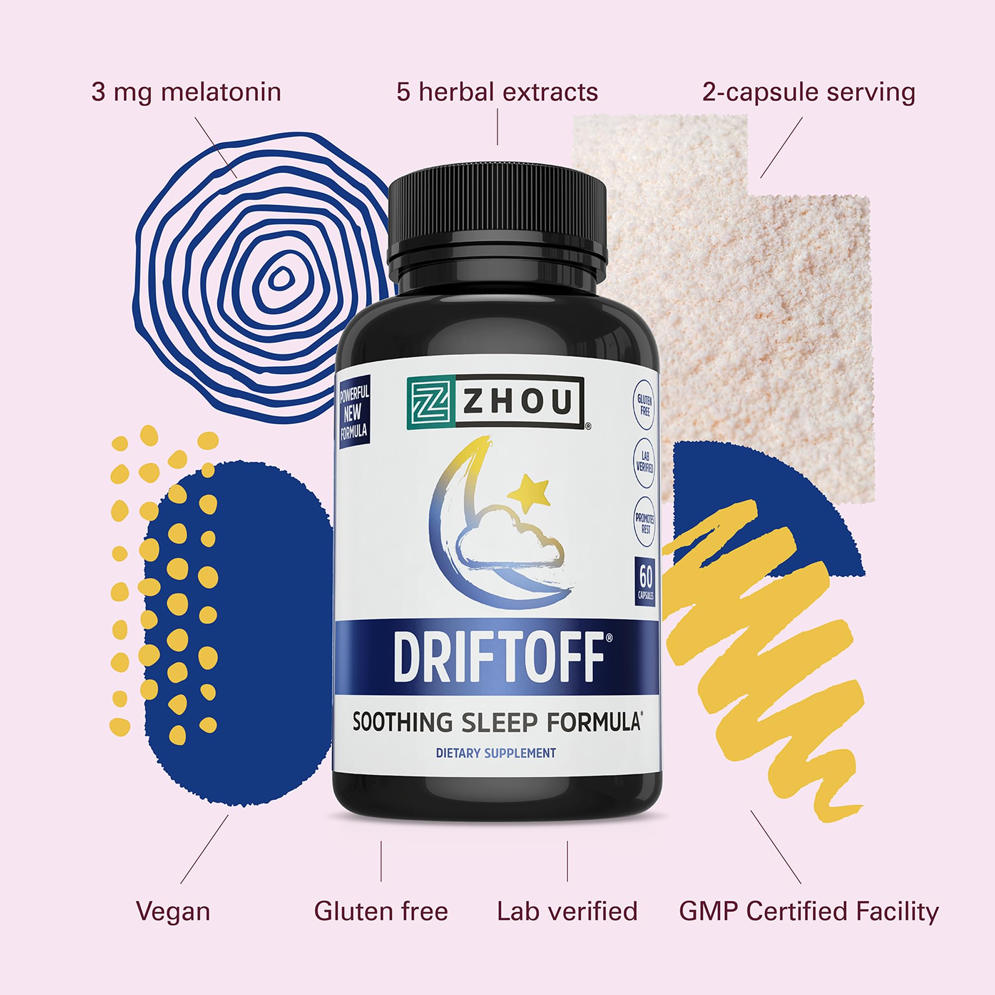 ZHOU etiqueta Driftoff con lista de ingredientes y uso recomendado