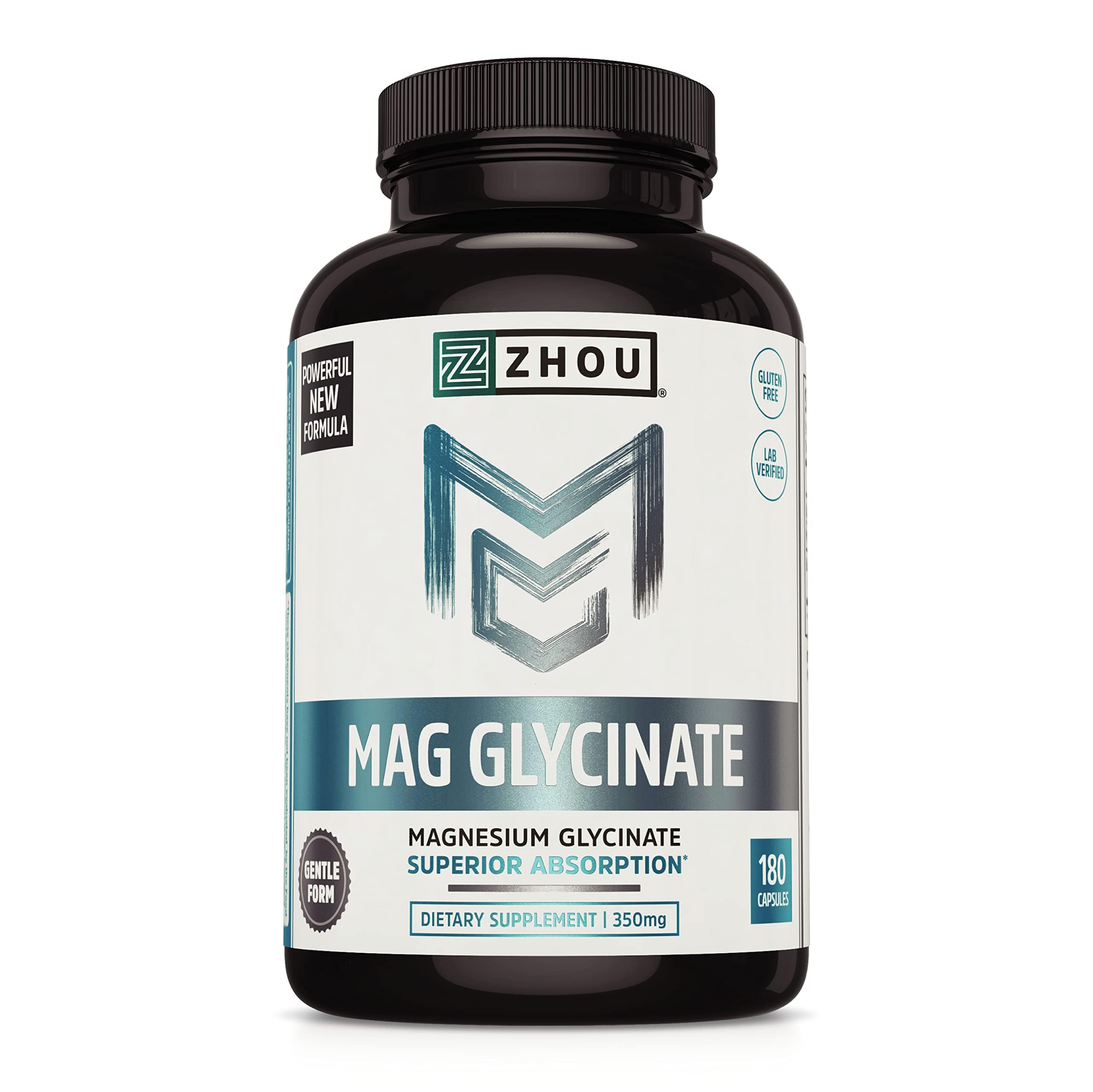 ZHOU frasco frontal de Magnesium Glycinate mostrando etiqueta y beneficio relajación
