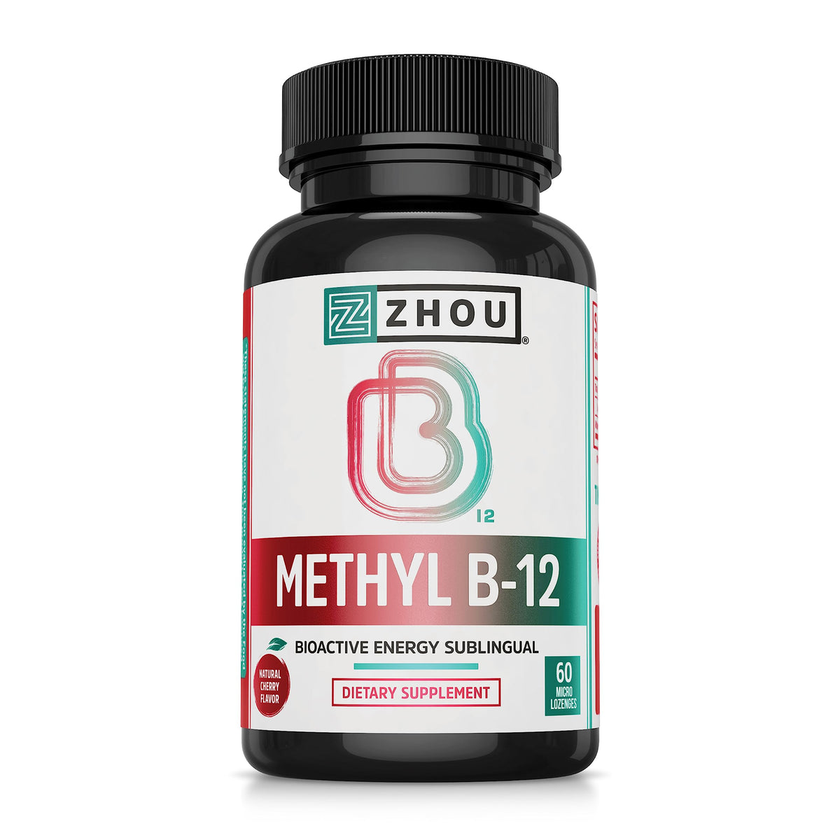 ZHOU frasco frontal del suplemento B12 5000 mcg mostrando etiqueta clara y beneficios