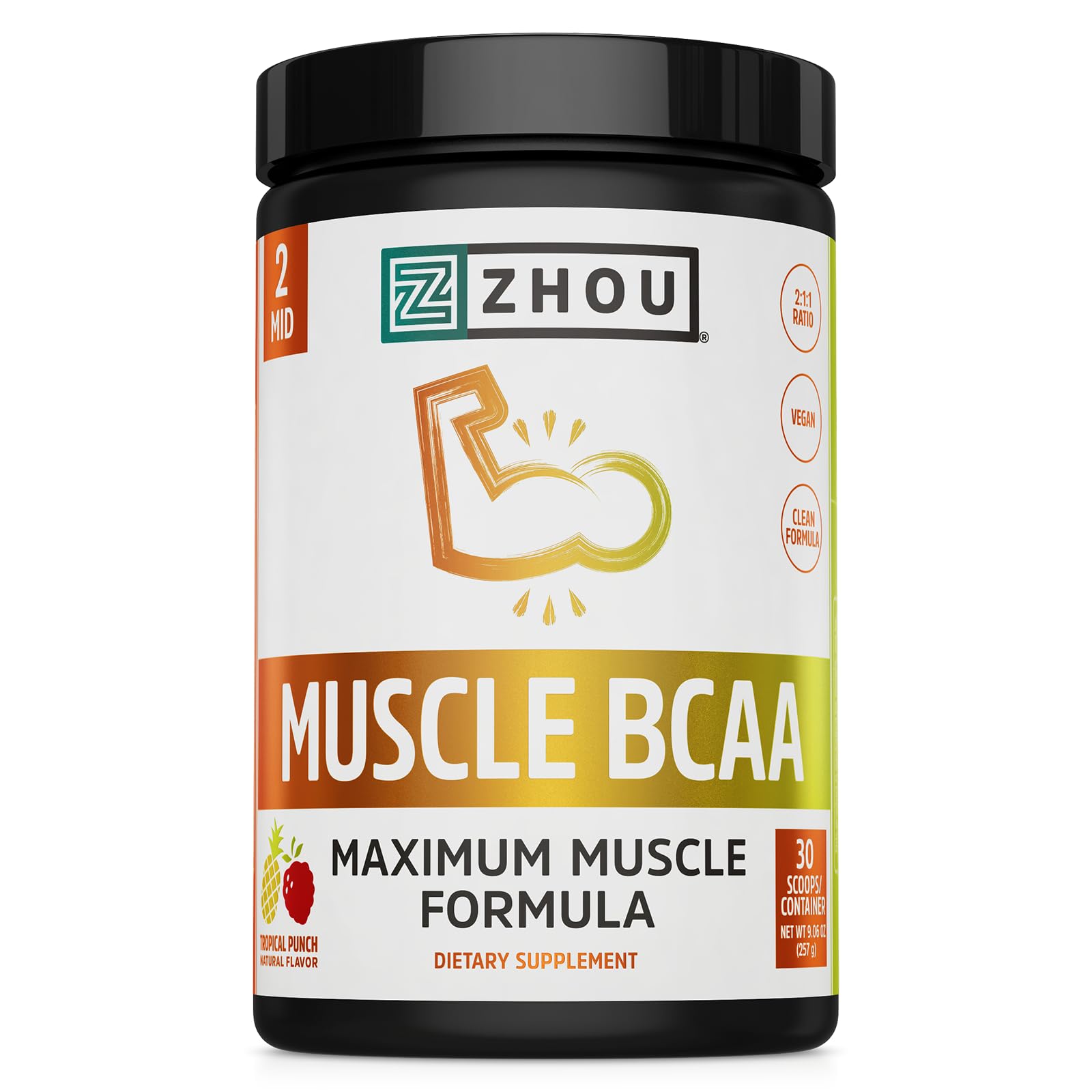 ZHOU frasco frontal y etiqueta clara mostrando sabor Tropical Punch y beneficios