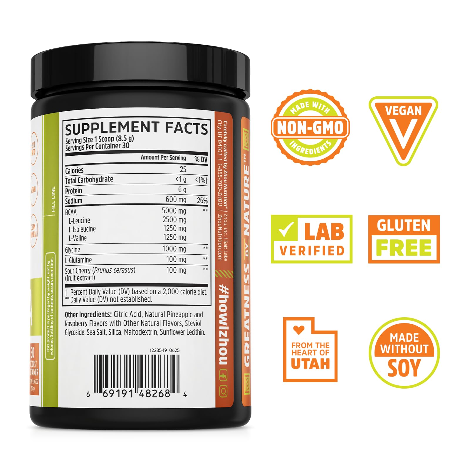 ZHOU polvo BCAA en primer plano mostrando textura fina y fácil disolución