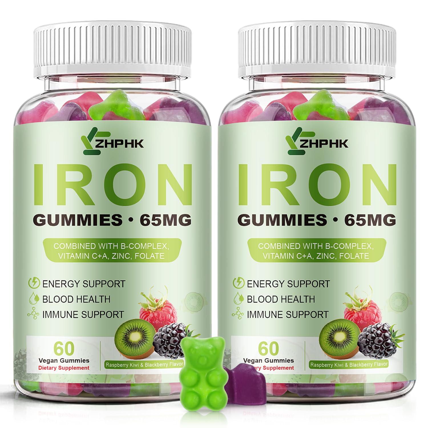 ZHPHK frasco delantero de Iron Gummies mostrando etiqueta clara y presentación