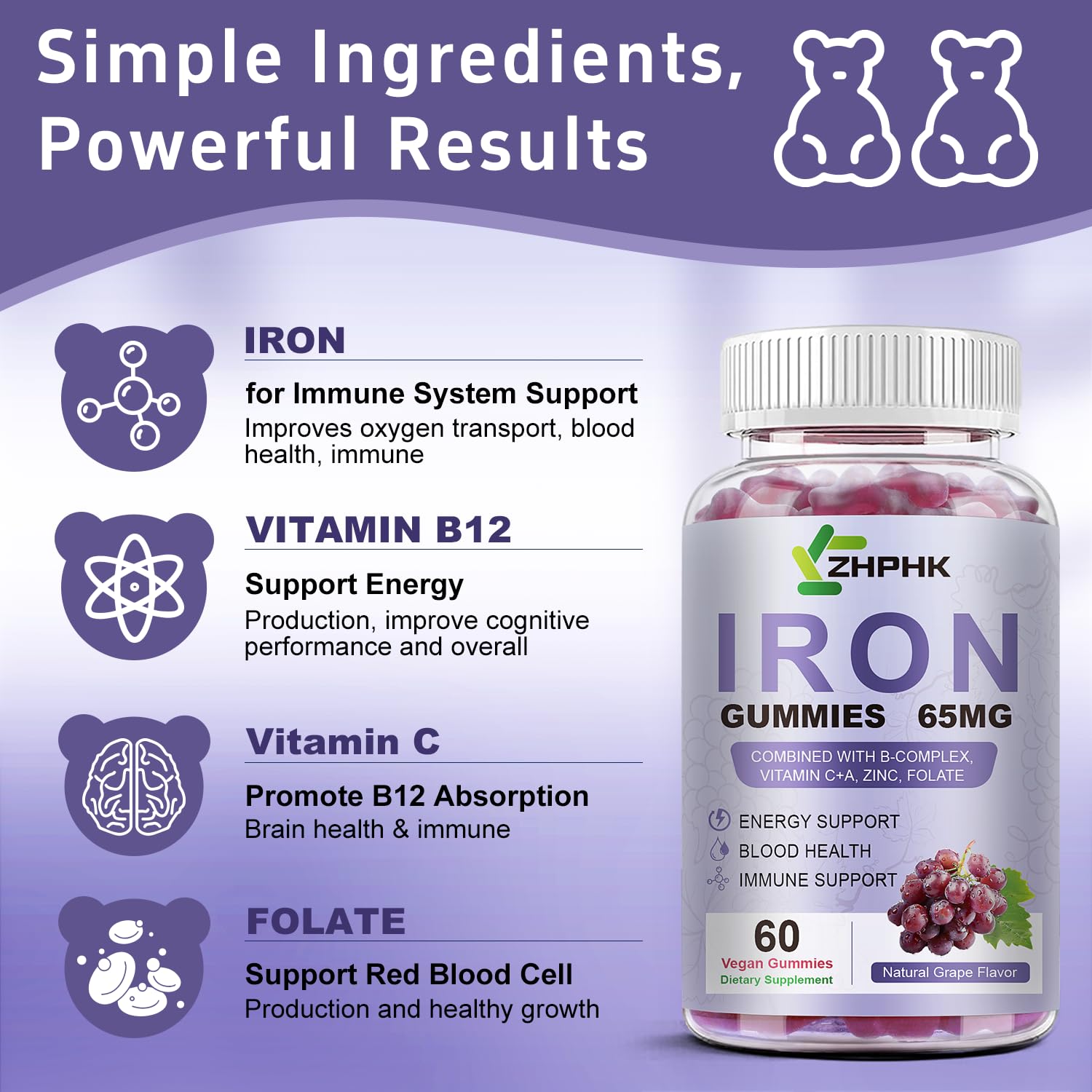 ZHPHK etiqueta nutricional mostrando hierro 65 mg y vitamina C 250 mg por porción