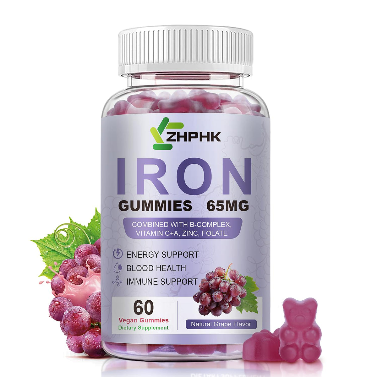 ZHPHK frasco frontal de gominolas de hierro mostrando diseño y beneficio práctico