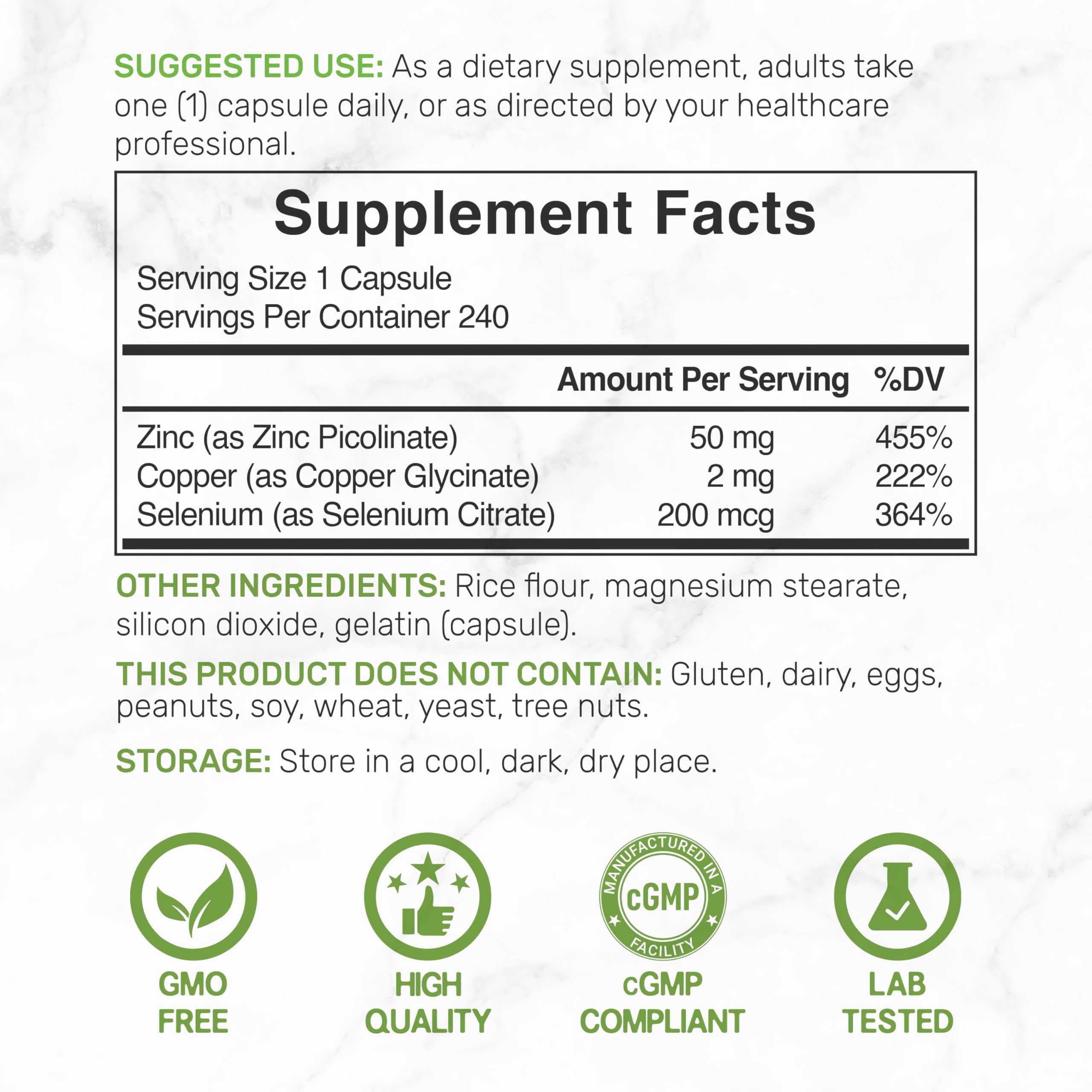 Zinc Picolinate etiqueta trasera con ingredientes y pruebas de laboratorio