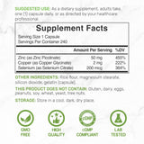 Zinc Picolinate etiqueta trasera con ingredientes y pruebas de laboratorio