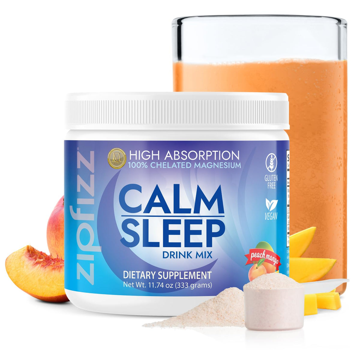 Zipfizz frente del empaque mostrando sabor durazno mango y beneficio descanso