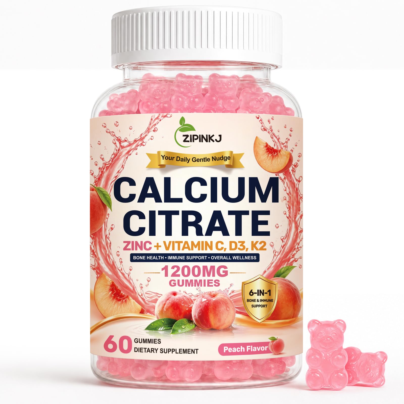 ZIPINKJ envase frontal mostrando gomitas de calcio y beneficios diarios