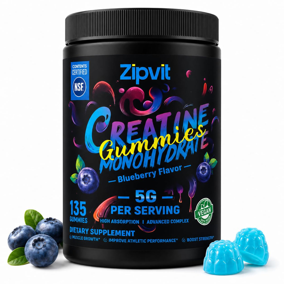 zipvit envase frontal de gominolas creatina, presentación clara y beneficios prácticos