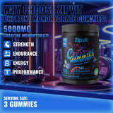 zipvit tres gominolas servidas para mostrar equivalencia exacta de 5 g creatina