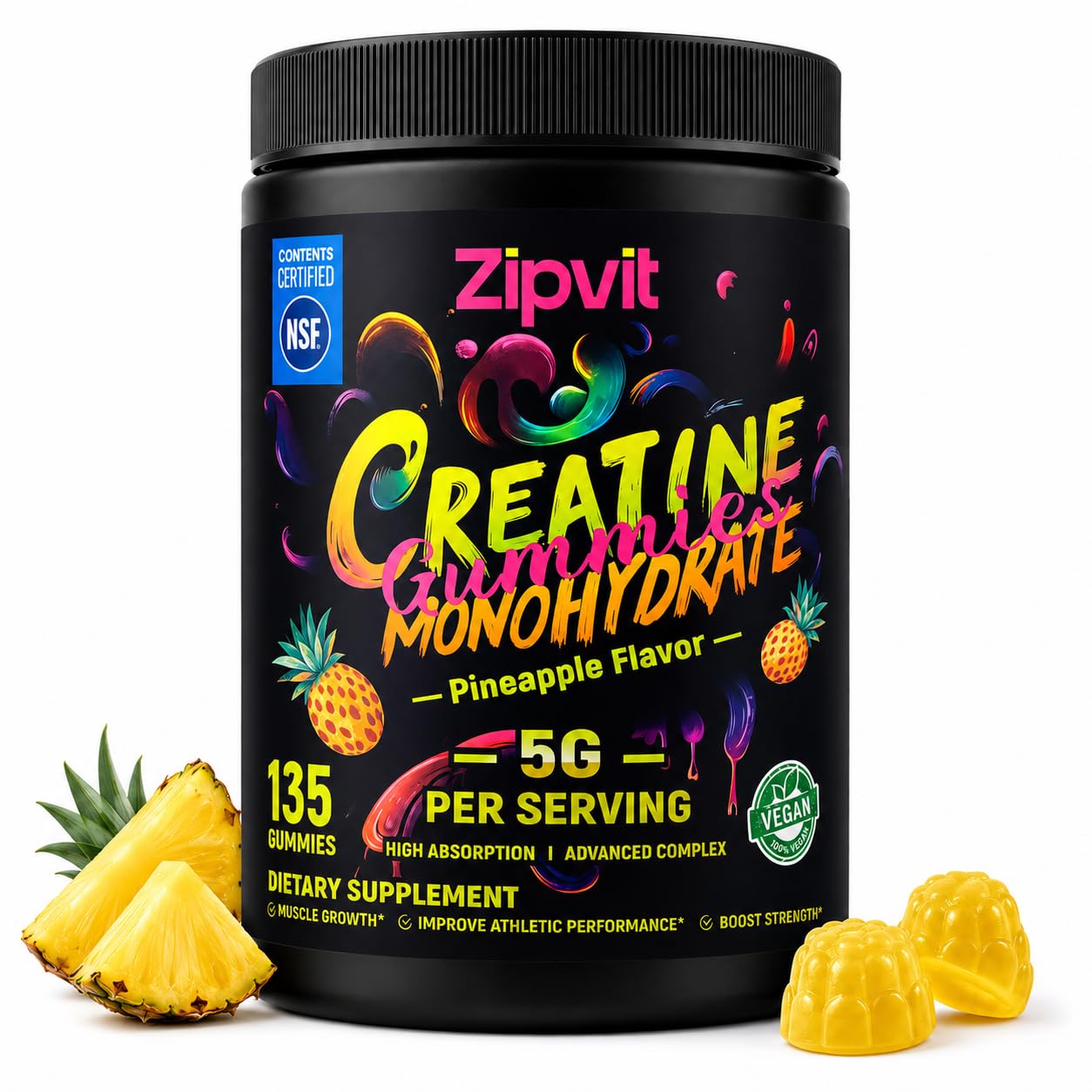 zipvit frasco frontal mostrando 135 gomitas y tamaño del envase