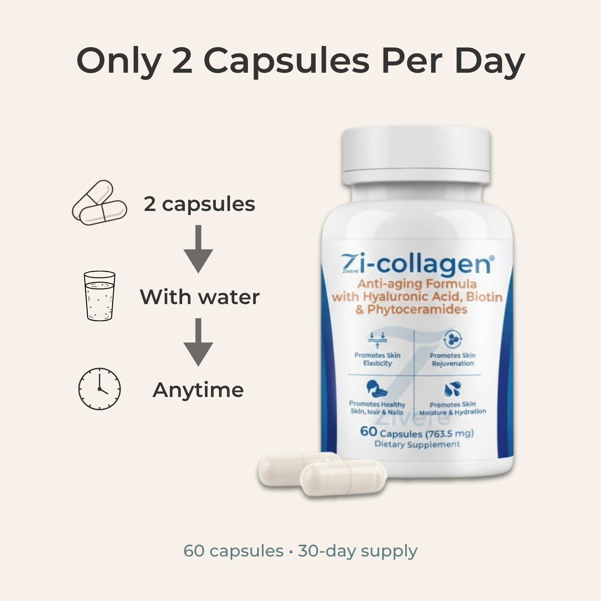 Zivere Zi-Collagen cápsulas junto a desayuno para uso diario
