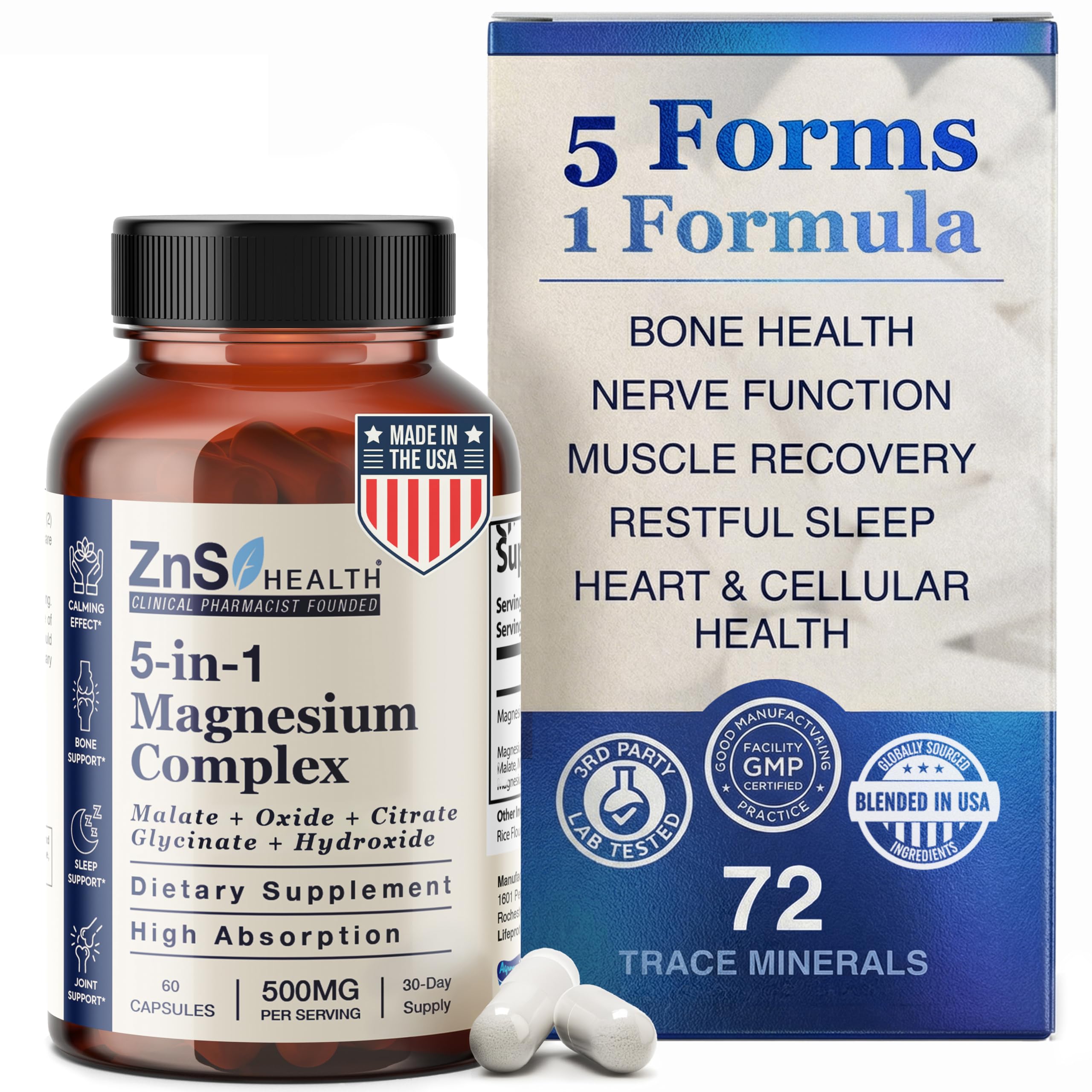 ZnS Health botella frontal mostrando etiquetas y beneficios claros