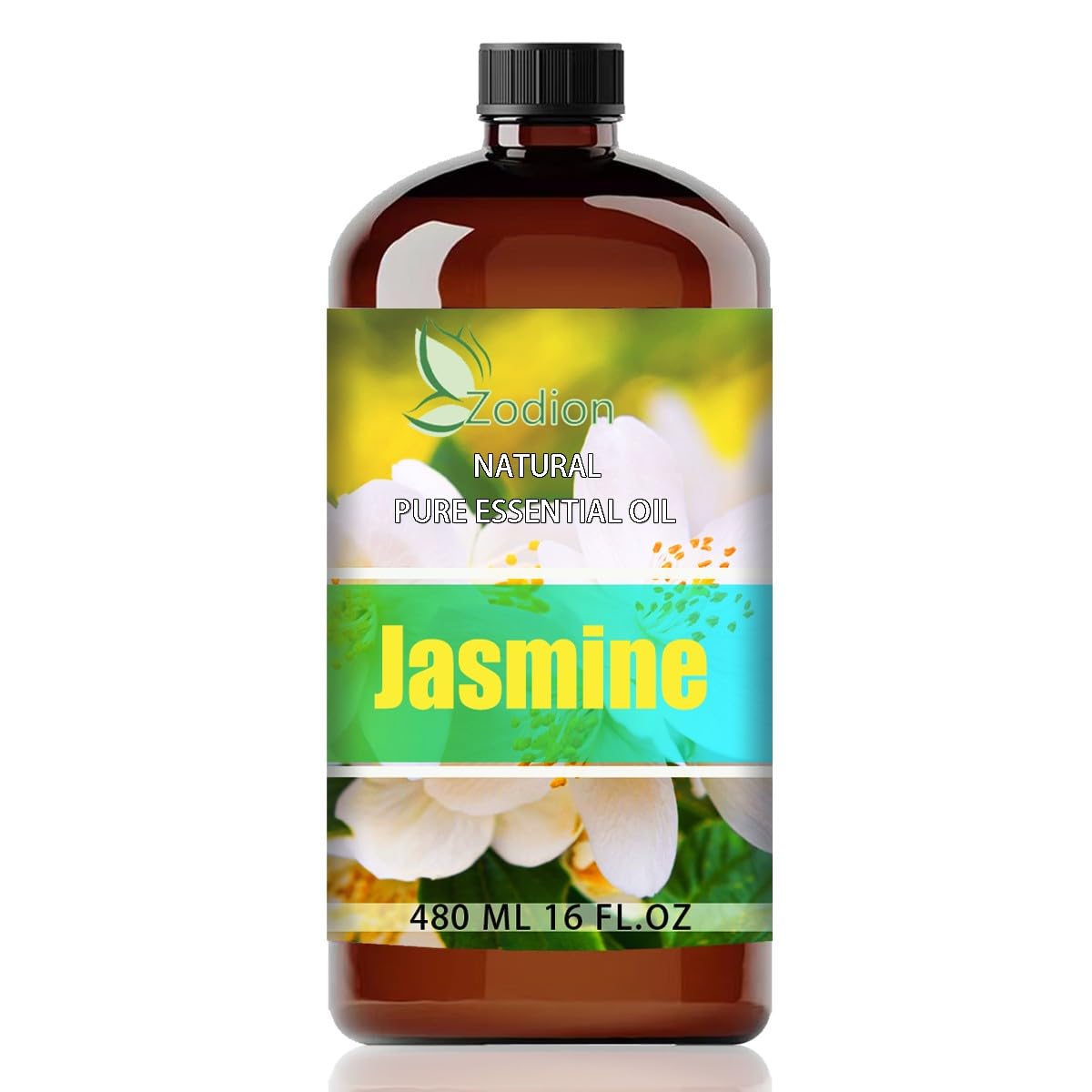 Zodion frasco frontal jazmín 480 ml mostrando volumen y protección UV