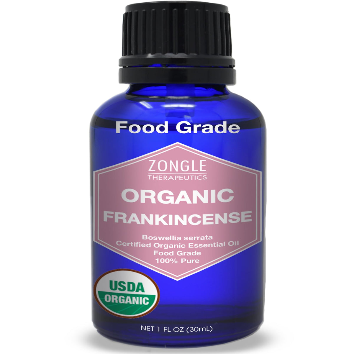 Zongle Therapeutics envase frontal mostrando aceite de incienso orgánico y pureza