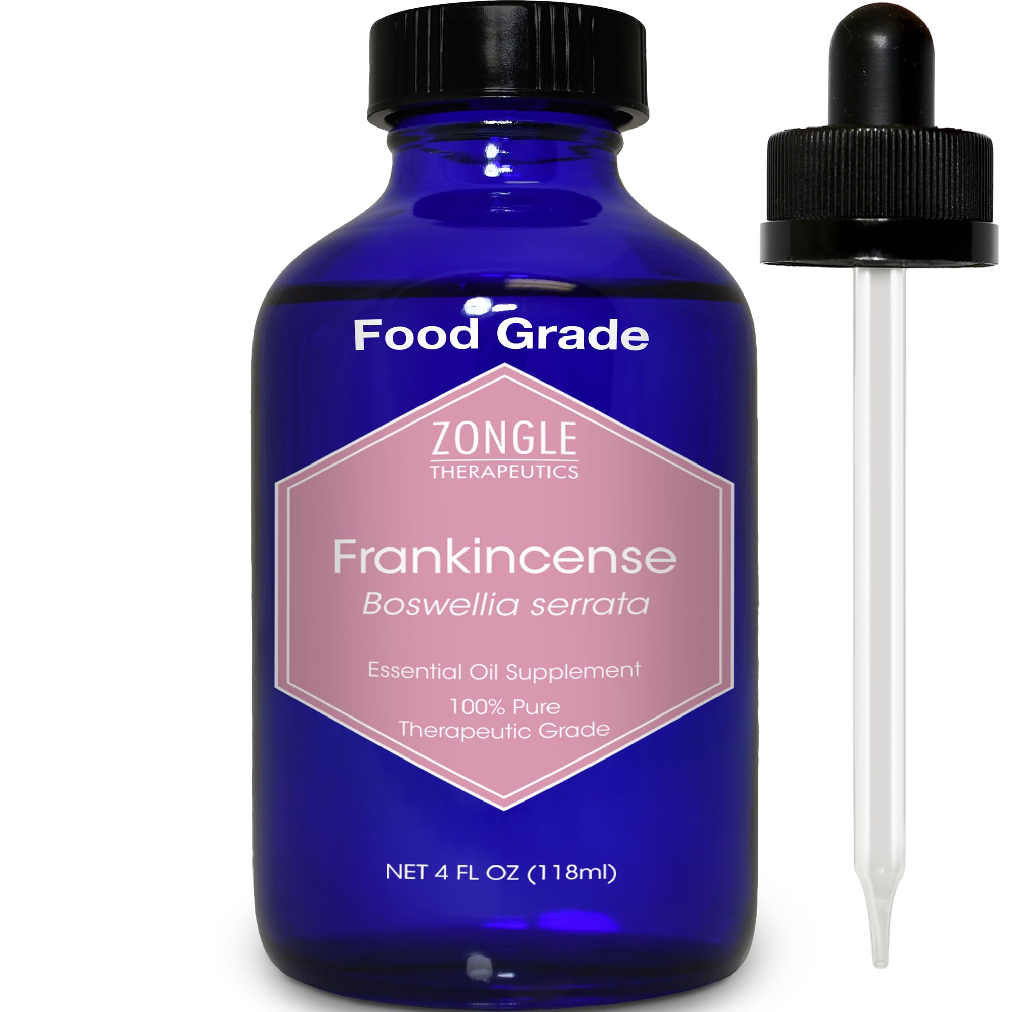 Zongle Therapeutics botella frontal mostrando aceite de incienso, pureza garantizada