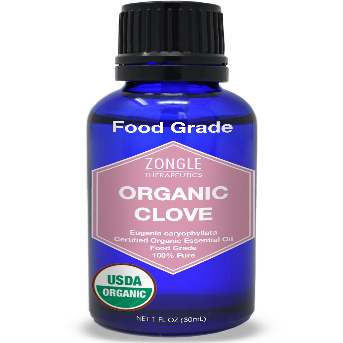 Zongle Therapeutics botella frente mostrando aceite de clavo y calidad orgánica