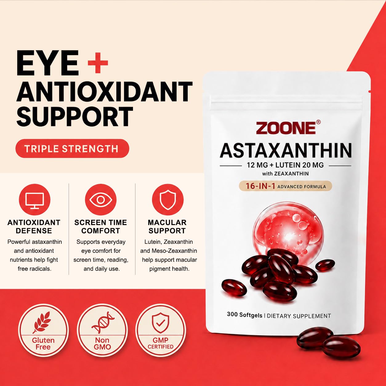Zoone etiqueta con lista de ingredientes clave y beneficios antioxidantes