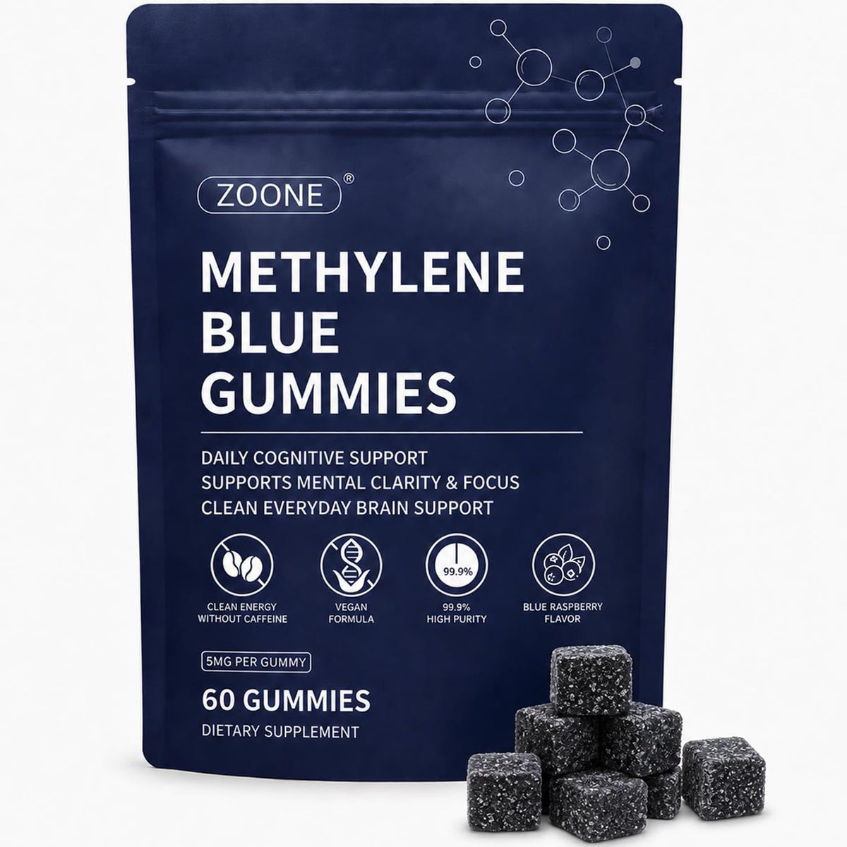 Zoone frente del empaque mostrando 60 gomitas y facilidad de uso