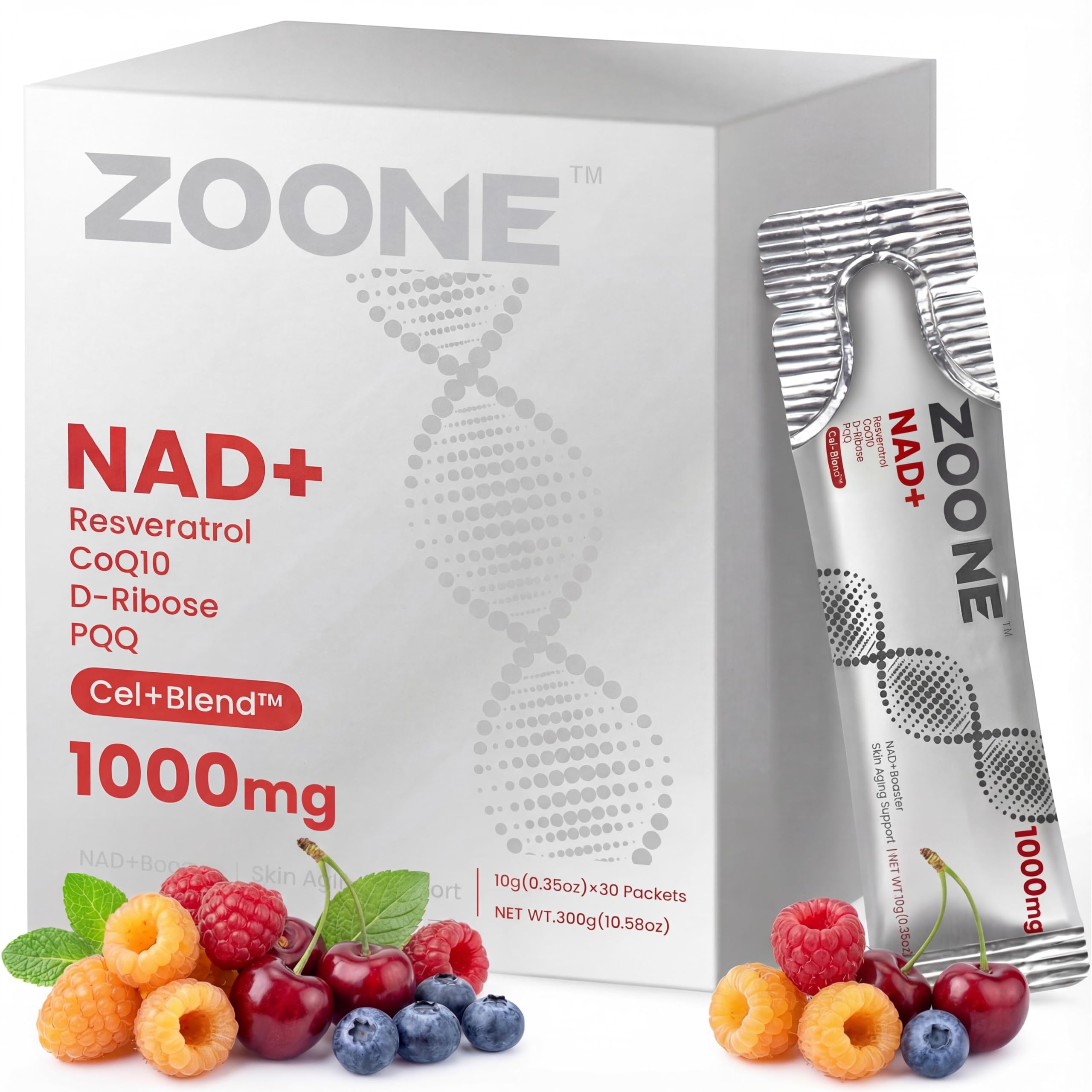 Zoone frasco y caja frontal mostrando el nombre y beneficio de energía