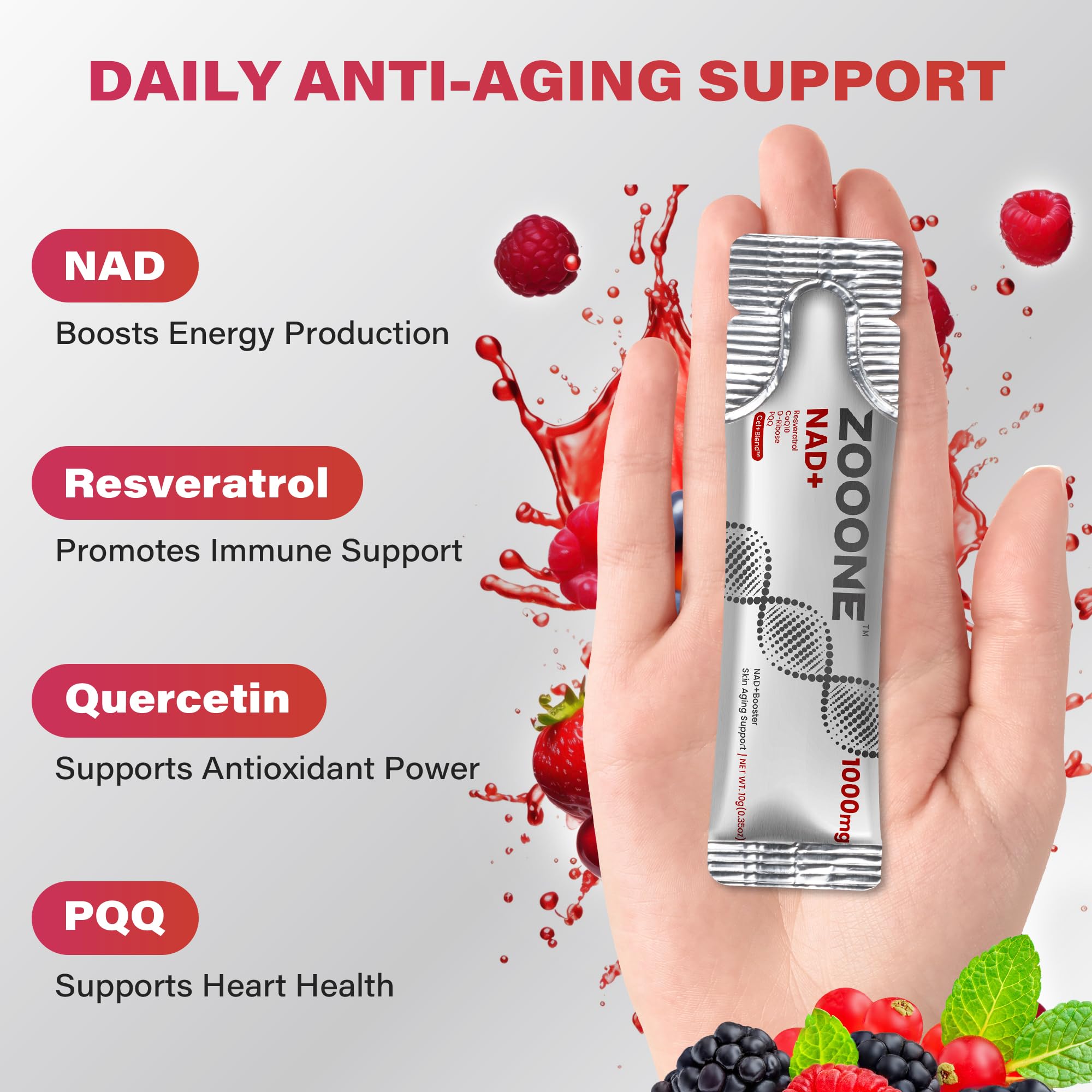 Detalle de la etiqueta Zooone con ingredientes clave y calidad USA