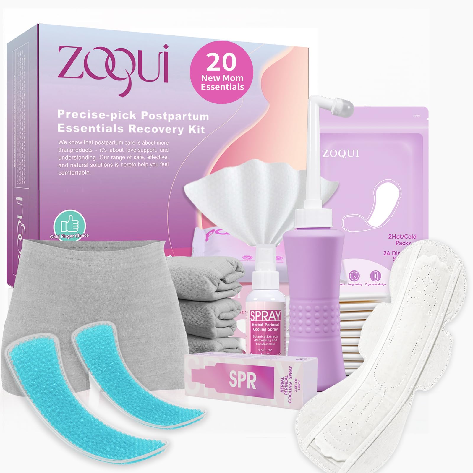 ZOQUI frontal del empaque del kit postparto mostrando contenido y beneficio higiénico