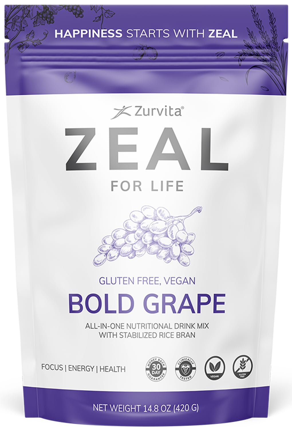Zurvita Zeal for Life Bold Grape vista frontal del envase, presentación clara