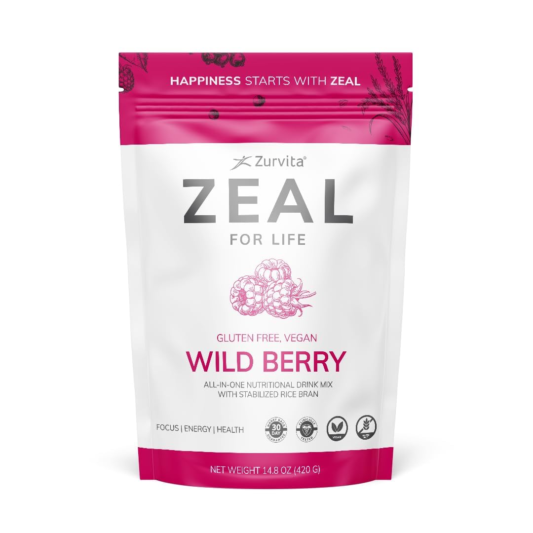 Zurvita Zeal frente del envase mostrando sabor wild berry y beneficios