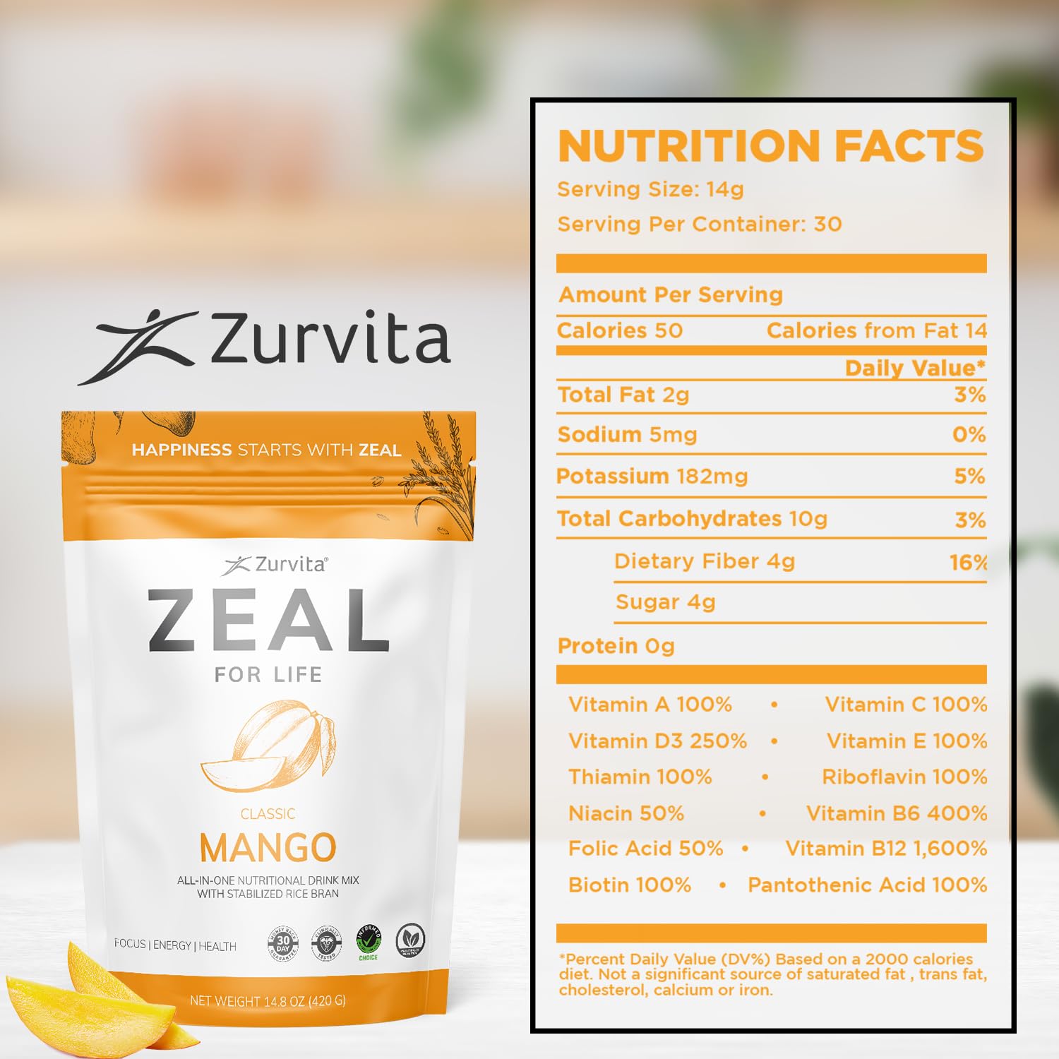 Zurvita primer plano del polvo mango para apreciar textura y mezcla