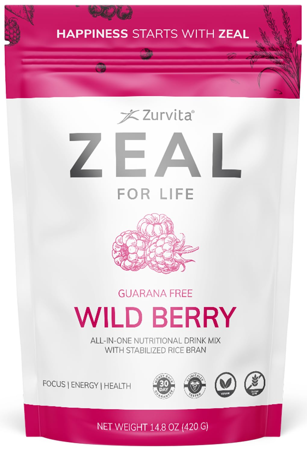 Zurvita Zeal envase frontal mostrando etiqueta y sabor frutos rojos, práctico consumo