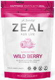 Zurvita Zeal envase frontal mostrando etiqueta y sabor frutos rojos, práctico consumo