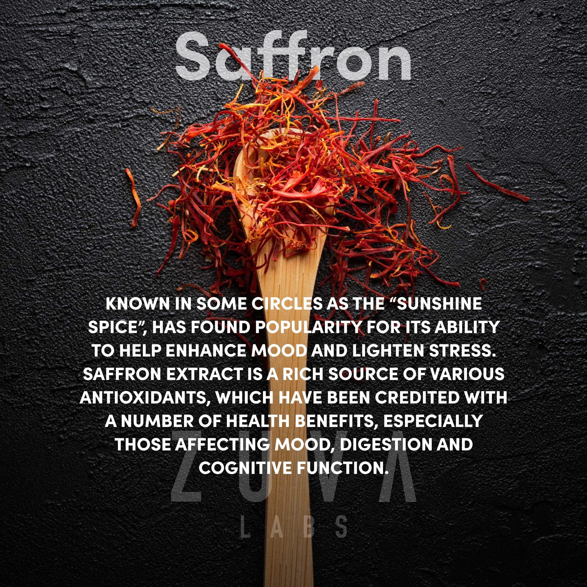 ZuvaLabs Ultra6 Saffron etiqueta nutricional visible y beneficios claros