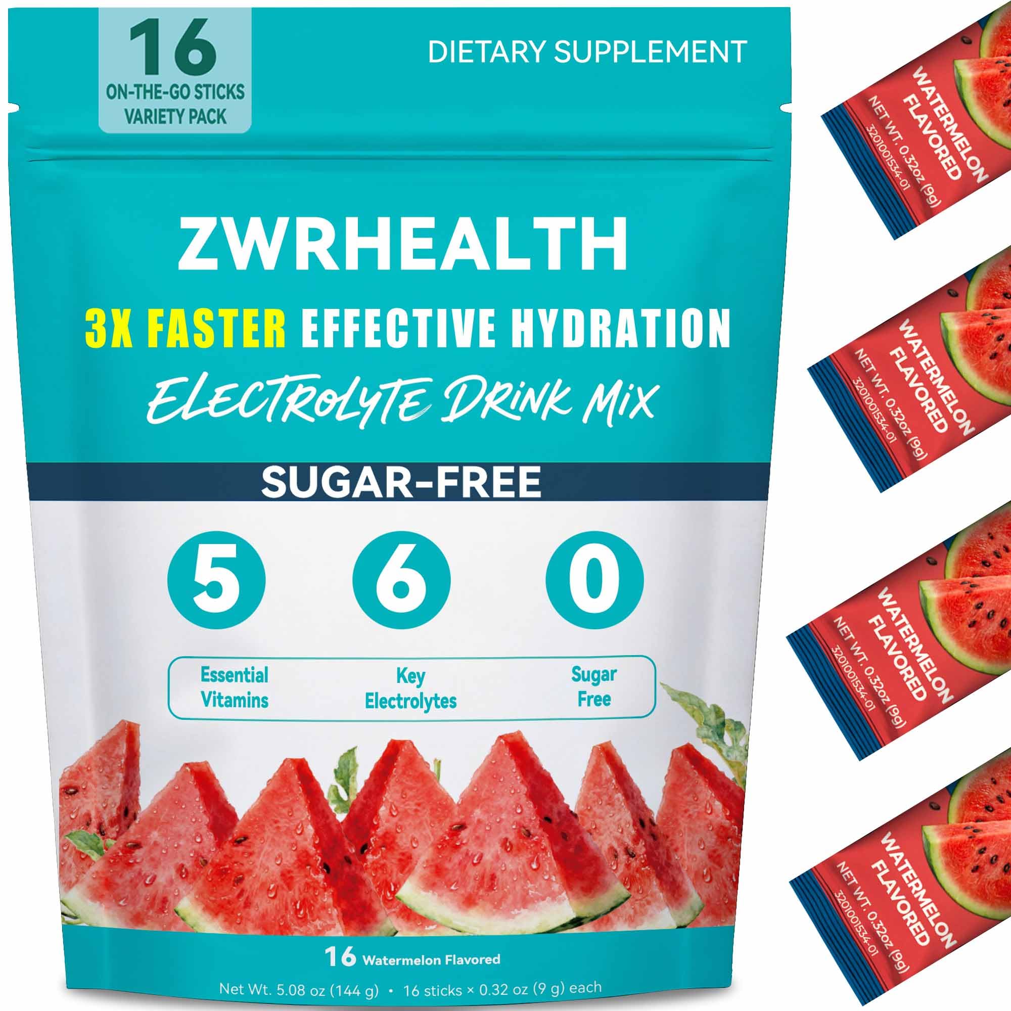 Zwrhealth empaque frontal mostrando 16 sticks ideal para hidratación rápida