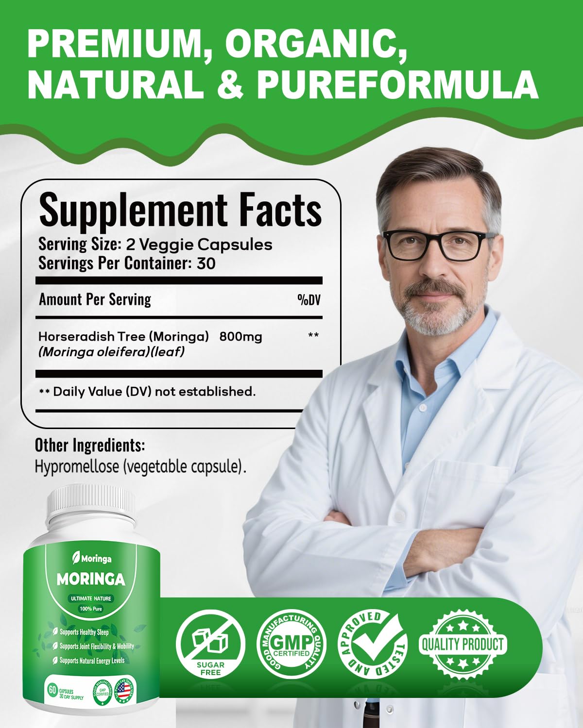 ZyliaVitaX envase con hojas de moringa, resalta origen vegetal sostenible