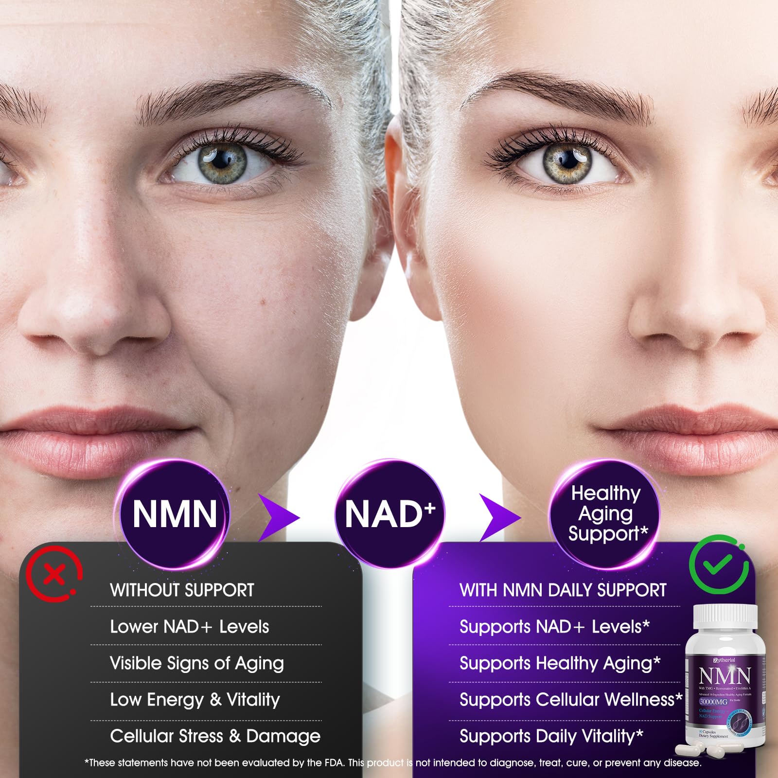 Zytherial disposición de ingredientes 14-en-1 que destaca soporte mitocondrial