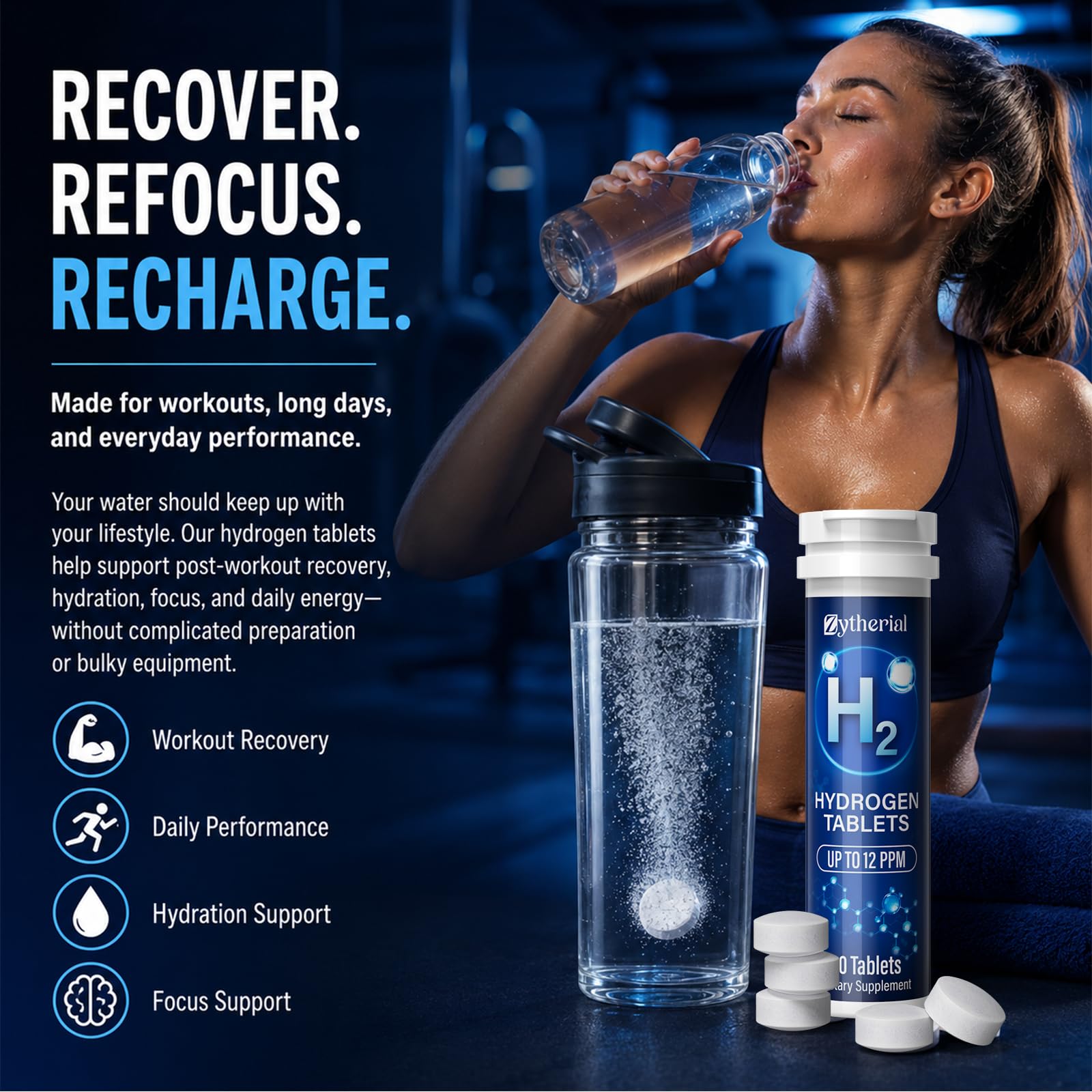 Zytherial tableta efervescente en agua mostrando disolución rápida y frescura
